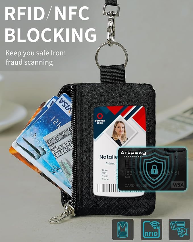 Minimalist Wallet For Mens Womens, Keychain RFID Blocking Zipper Small Wallet with ID Window 2 Lanyards,Water Resistant Travel Cash Card Coin Case Boys Girls