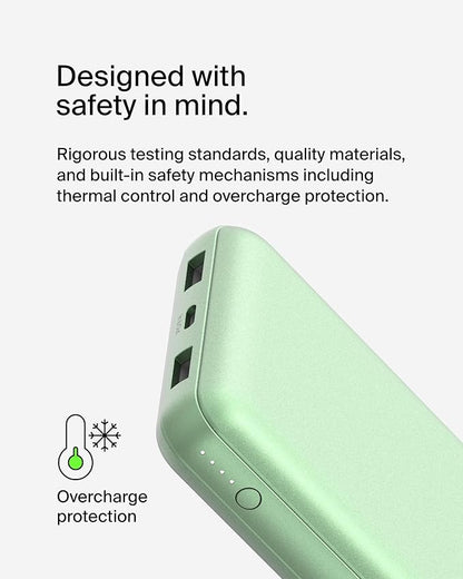 Belkin Portable Charger, USB-C Power Bank 20000 mAh w/ 2X USB-A Ports, 15W w/Type-A to Type-C Cable for iPhone 17, Air, Pro, Samsung Galaxy S25, iPad, Nintendo Switch 2, Google Pixel 10, etc. - Green