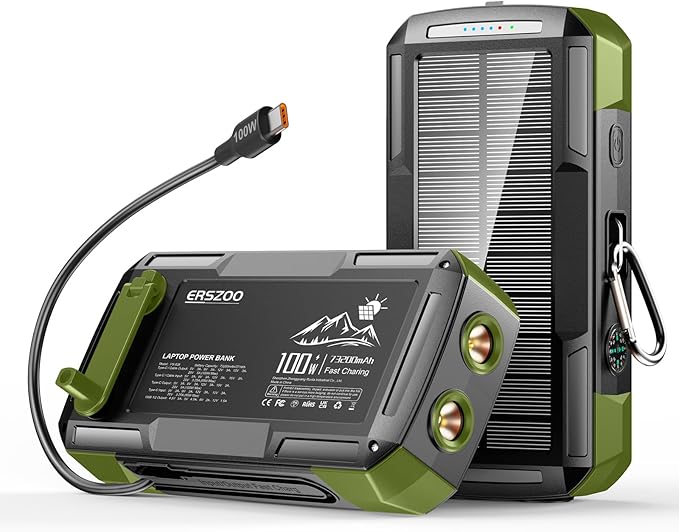 Solar Charger Power Bank 73200mAh, Portable Laptop Charger with 100W USB-C in/Output, Built-in Cables, Hand Crank Power Bank for Mobile Phones, Ideal for Outdoor Use with SOS/Strobe/Strong (green)
