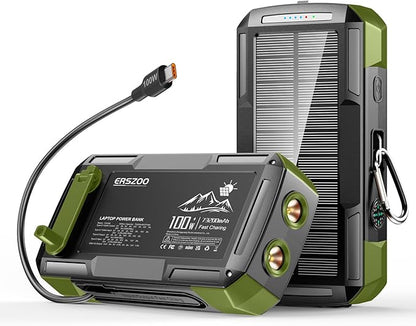 Solar Charger Power Bank 73200mAh, Portable Laptop Charger with 100W USB-C in/Output, Built-in Cables, Hand Crank Power Bank for Mobile Phones, Ideal for Outdoor Use with SOS/Strobe/Strong (green)