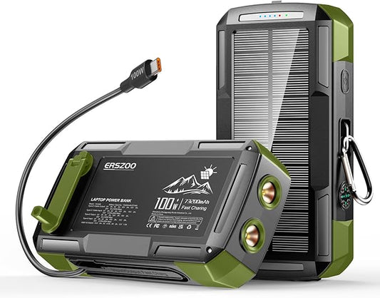 Solar Charger Power Bank 73200mAh, Portable Laptop Charger with 100W USB-C in/Output, Built-in Cables, Hand Crank Power Bank for Mobile Phones, Ideal for Outdoor Use with SOS/Strobe/Strong (green)