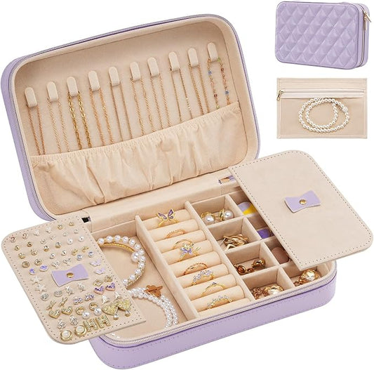 Lolalet Travel Jewelry Case for Women Girls, Travel Jewelry Organizer Box with Mirror & Clear Storage Bag, Small Portable Earring Necklace Bracelet Ring Case, Birthday Christmas Gifts -Medium, Purple