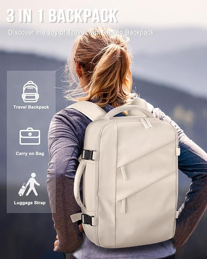 Capolo Travel Backpack for Women Men Waterproof Laptop Backpack Flight Approved Carry On Backpack Overnight Weekender Bag College Bookbag for Business, Work, Traveling Fits 15.6 '' Laptop,Beige