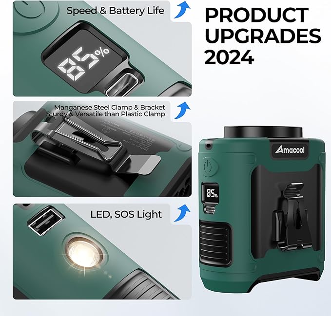 AMACOOL Portable Waist Fan Clip On, MAX 40H Work Time, 10000mAh Rechargeable Wearable Shirt Fan with Light, 16000RPM Powerful 5 Speeds Belt Fans Personal Cooling Fans for Outdoor Jobsite Travel