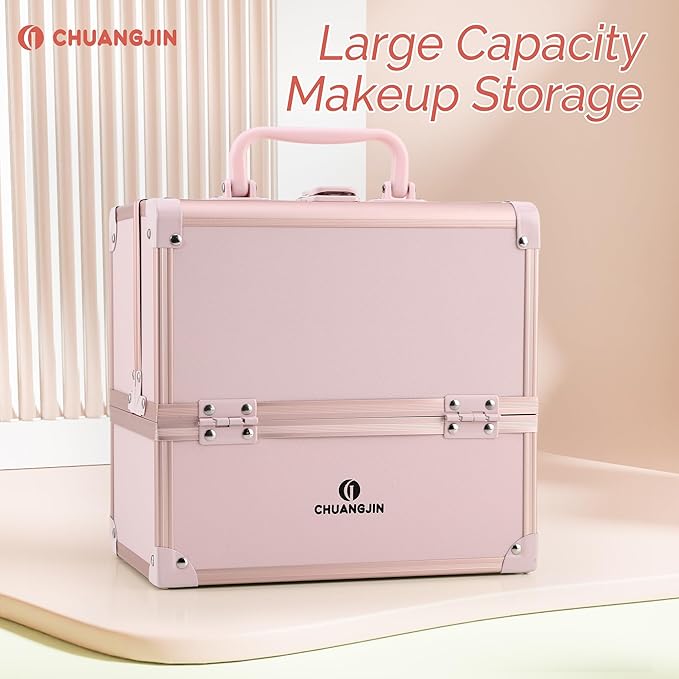 Makeup Train Case 2 Trays Makeup Box Organizer Portable Travel Makeup Case Lockable Makeup Storage Organizer Cosmetic Box for Jewelry Nail Tech Brushes Accessories Tool, Pink