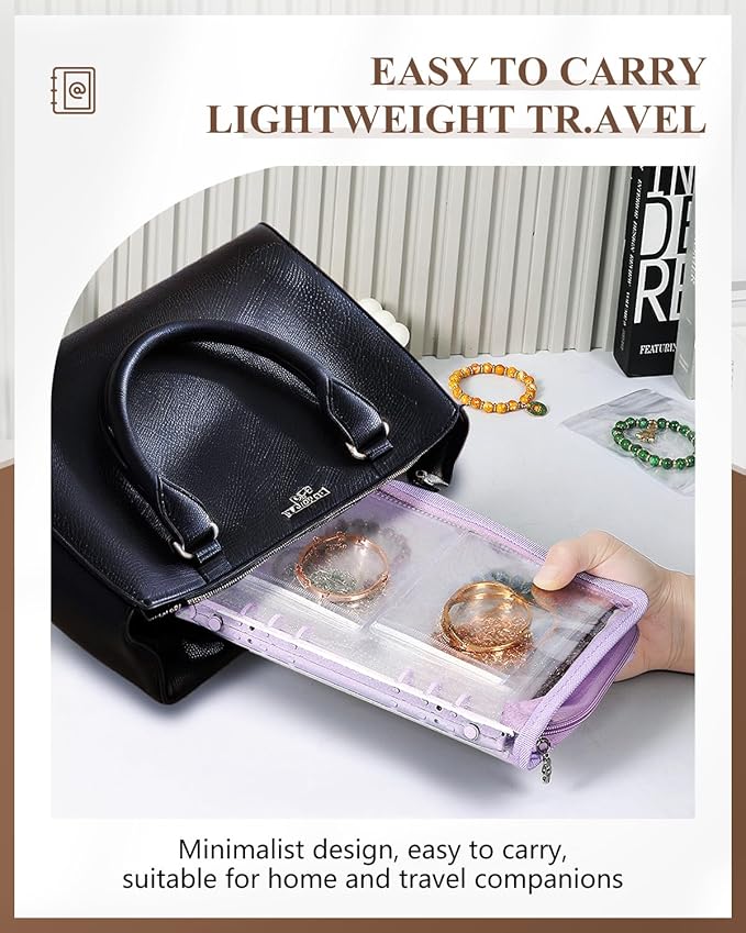 AOLEIXIYA Jewelry Organizer Book Clear Travel earring book organizer Transparent Jewelry Book with Zipper Pouch Bags (Purple,With 48 PCS Large Jewelry Bags)