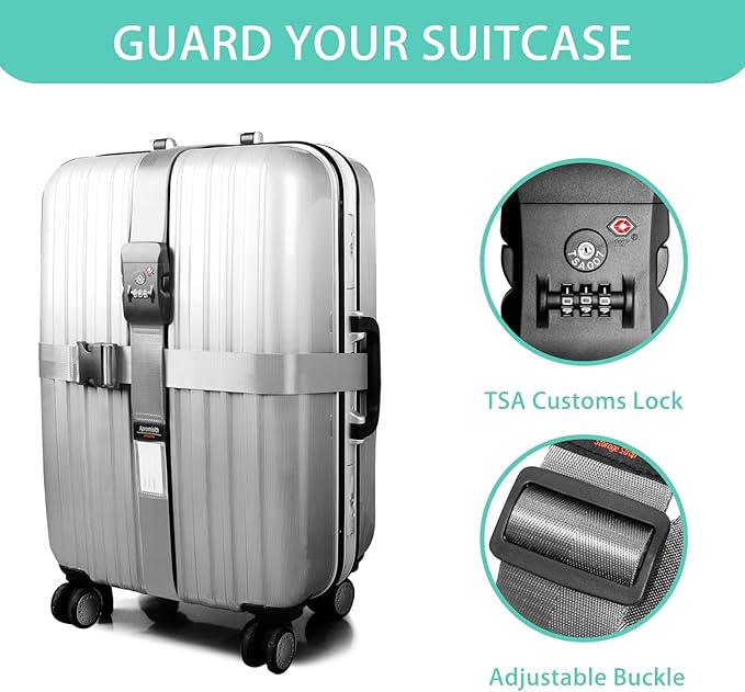 Cross Luggage Strap Belt for 20"-32" Suitcase with TSA Approved 3-Dial Combination Lock Wide Adjustable Packing Straps Travel Accessories, Grey