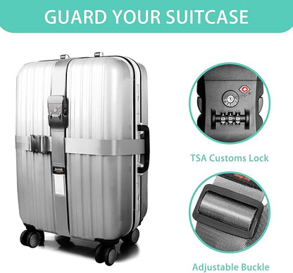 Cross Luggage Strap Belt for 20"-32" Suitcase with TSA Approved 3-Dial Combination Lock Wide Adjustable Packing Straps Travel Accessories, Grey