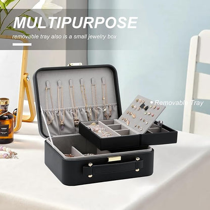 Travel Jewelry Box Jewelry Storage Case Jewelry Suitcase for Women and Men 2 Layer Jewelry Organizer Box with Removable Tray (Black)