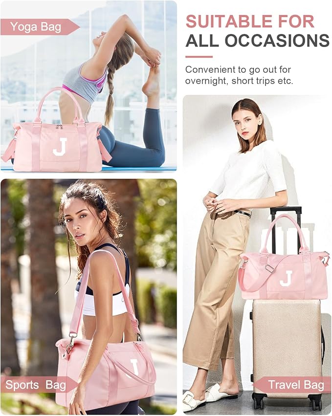 Initial Travel Duffel Bag Sports Gym Bag for Girls Teen Birthday Gifts,Pink Personalized Weekender Bag Carry On Tote Bags for Women Men,Waterproof Overnight Luggage Bag with Trolley Sleeve(Letter J)