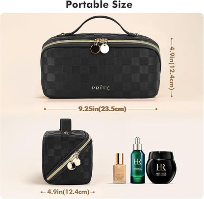 Prite Makeup Bag for Women Travel Waterproof Vegan Leather Cosmetic Bag Open Flat Toiletry Bag With Clear Divider and Handle (Plaid Black)