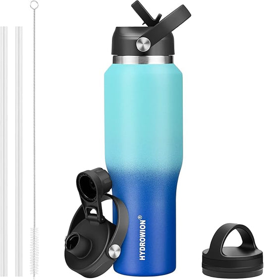 HYDROWION 32oz Water Bottle, Double Wall Vacuum Stainless Steel Insulated Water Flask with Straw Lid, Spout Lid and Flex Cap(Cold for 48 Hrs, Hot for 24 Hrs), Leakproof Travel Thermo Mug, Mint&Cobalt