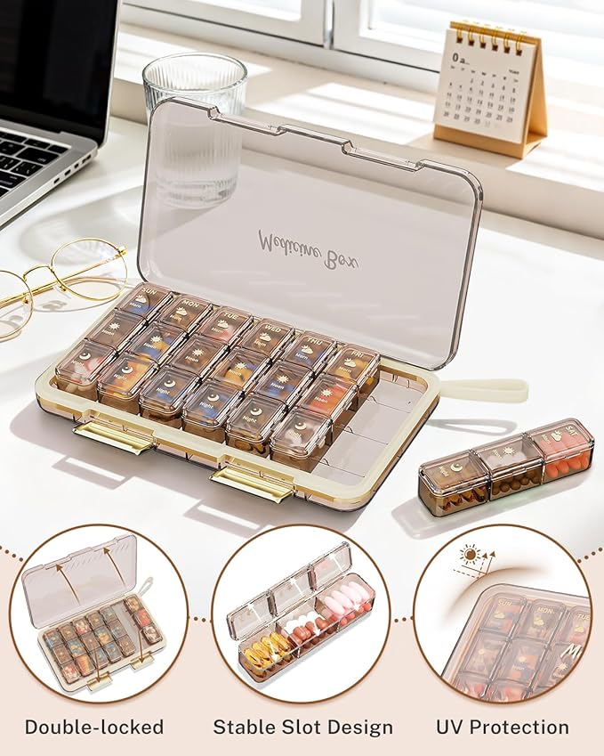 Weekly Pill Organizer 3x a Day - 7 Day Pill Box with 21 Compartments (Morning/Noon/Night), BPA-Free Daily Pill Case, Portable Medicine Organizer for Vitamins, Supplements & Medication【Upgrade】 (Brown)