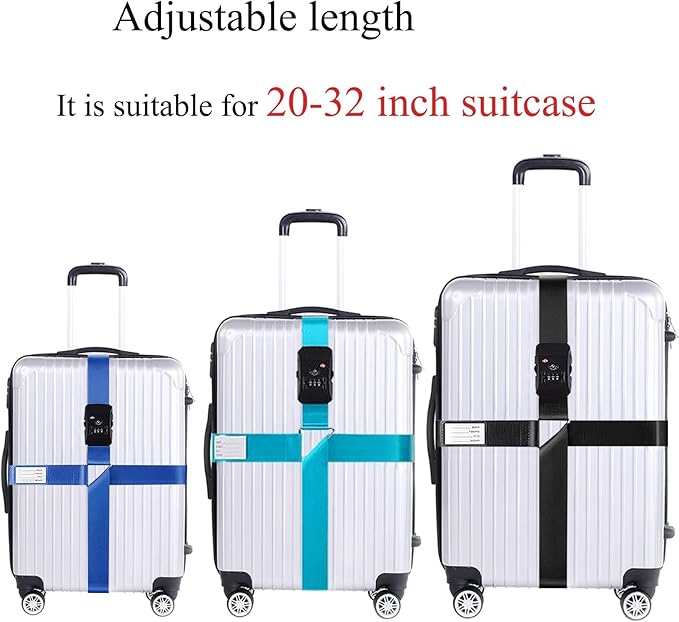 Luggage Straps for Suitcases TSA Approved Heavy Duty Adjustable Travel Belt Cross Suitcase Belts Luggage Tags with Name ID Card Travel Accessories Fit for 20-32 Inch Suitcase (Sky Blue)