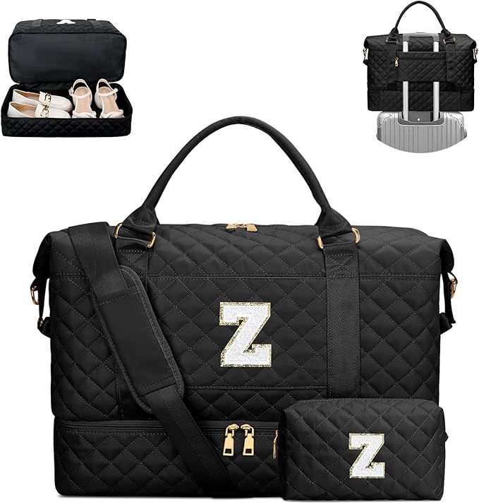 Gifts for Women Birthday Christmas Initial Travel Duffle Bag Quilted Weekender Bags Carry-On Overnight with Cosmetic Bag, Gym Bag with Shoe Compartment Hospital Bag for Women Labor Delivery, Black Z