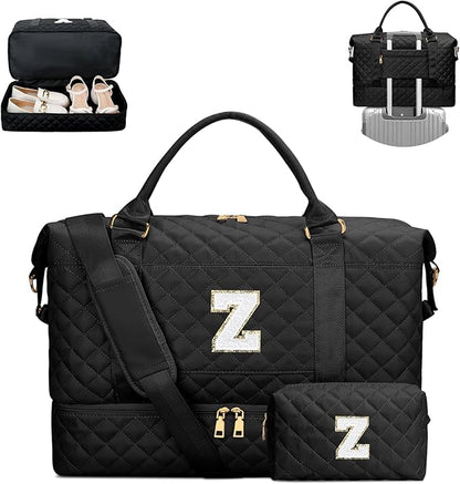 Gifts for Women Birthday Christmas Initial Travel Duffle Bag Quilted Weekender Bags Carry-On Overnight with Cosmetic Bag, Gym Bag with Shoe Compartment Hospital Bag for Women Labor Delivery, Black Z