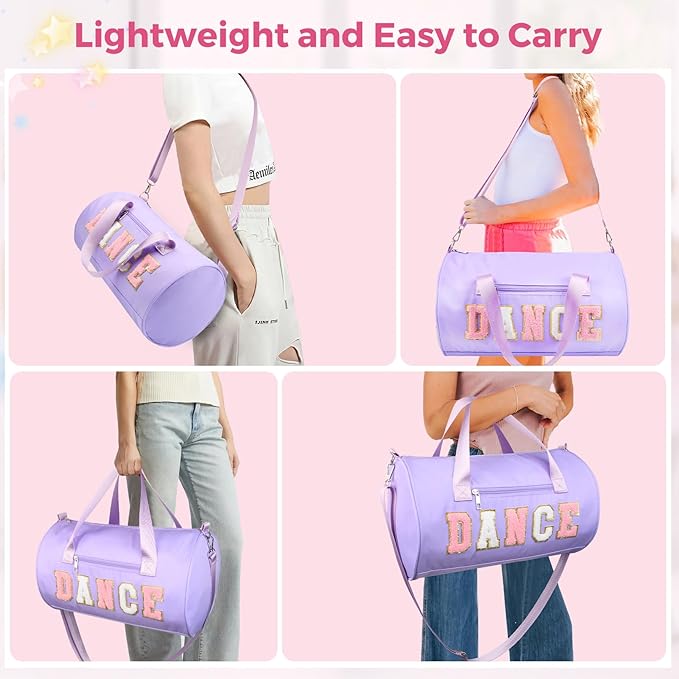 Dance Bag for Girls, KUIRAN 23L Waterproof Travel Duffel Bag with Colorful Chenille Letter, Lightweight Small Gym Sport Ballet Weekender Bag with Large Main Compartment - Purple