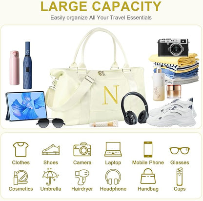 Personalized Initial Gym Dance Bag, Travel Duffel Bag for Teen Girls, Carry On Bag Overnight Weekender Bag with Trolley Sleeve, Birthday Gifts for Women Mom Daughter Graduation Gift(Letter N, Beige)