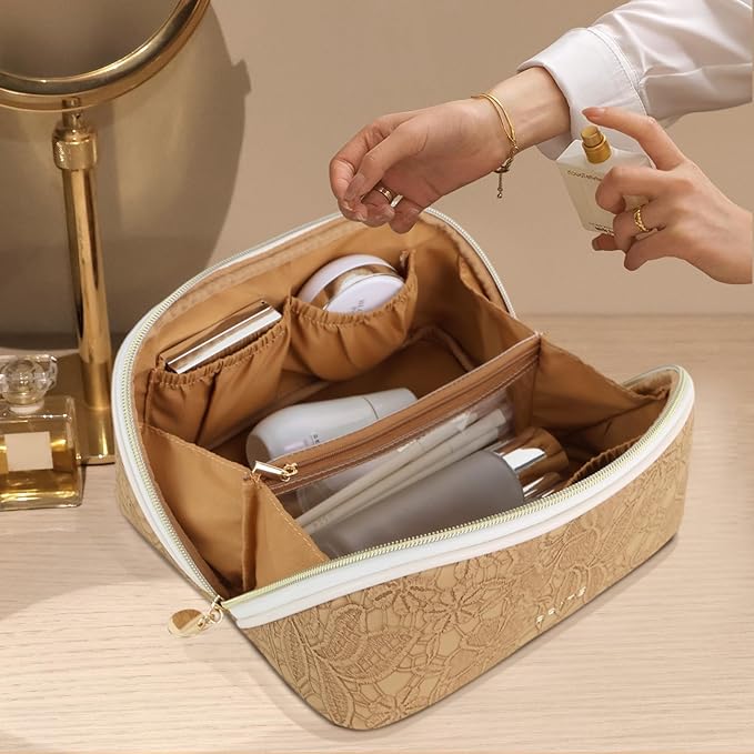 Prite Travel Cosmetic Bag Makeup Organizer Bag For Women Large Capacity Waterproof PU Leather Toiletry Bag with Handle and Clear Divider(Brown Flower)