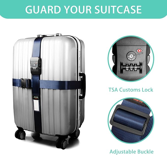 Cross Luggage Strap Belt for 20"-32" Suitcase with TSA Approved 3-Dial Combination Lock Wide Adjustable Packing Straps Travel Accessories, Blue
