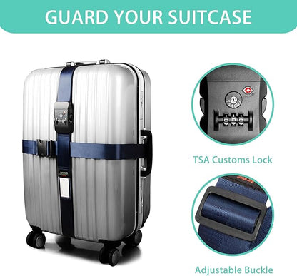 Cross Luggage Strap Belt for 20"-32" Suitcase with TSA Approved 3-Dial Combination Lock Wide Adjustable Packing Straps Travel Accessories, Blue