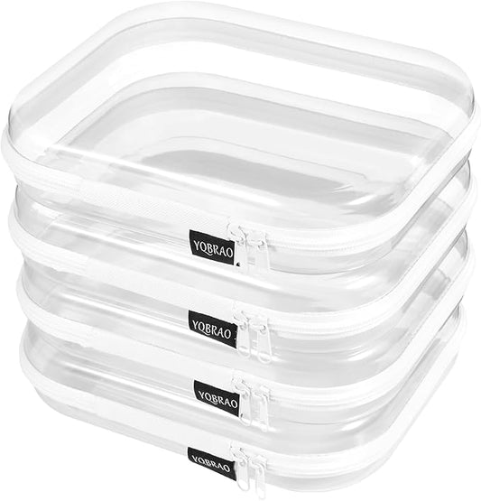 4 Pack Clear Hard Shell Zipper Case, See-Through Hard Plastic Organizer Pouches with Zipper for Travel, Toiletries, Makeup, Toy, Electronics & Pencils - Crush-Resistant Storage
