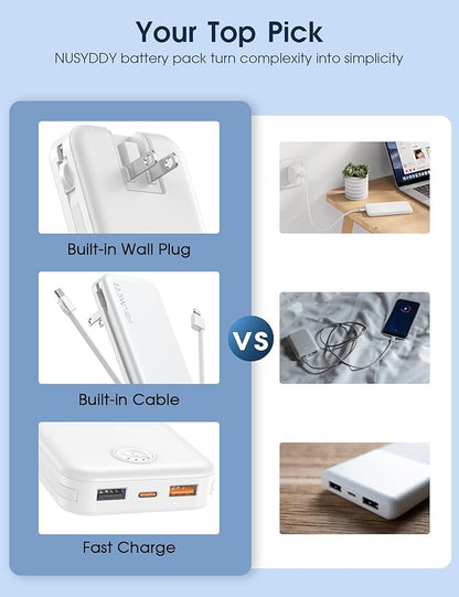 22.5W Super Fast Charging Portable Charger with Wall Plug,12000mAh USB-C Power Bank Built-in 2 Cable, Lightweight Phone Charger Travel Battery Pack for All iPhone, Samsung, Tablets