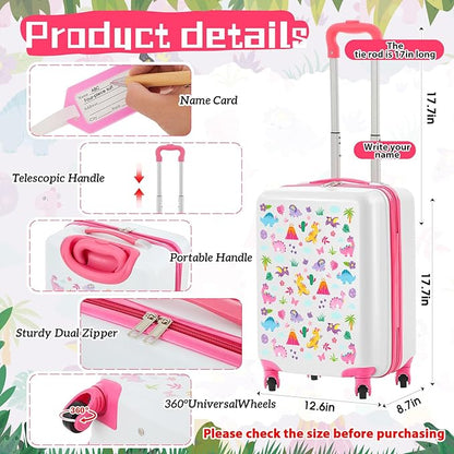 Redbaker 6 Pcs Kids Luggage Set 17 Inch Kids Rolling Luggage Double Pattern Suitcase for Girls Boys School Gift(Pale Pink,Dinosaur Style)