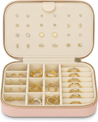 Small Travel Jewelry Box Organizer for women & Girls, Portable Small Travel Jewelry Case Organizer for Traveling, PU Leather Mini Box for Earrings, Necklaces, Rings, Bracelets - Pink