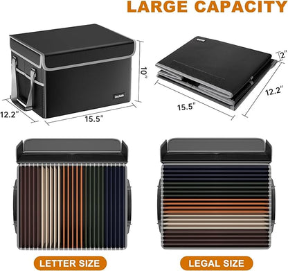 DocSafe File Box Fireproof File Storage Organizer with Lid,Collapsible Document Storage Filing Case for Hanging Letter/Legal Folders,Portable Home Office Safe Cabinet with Handle,Black