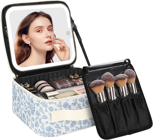Chomeiu Makeup Bag with LED Mirror, Cute Cosmetic Bags Birthday Gifts for Girls Women, Makeup Train Case Artists Organizer Large Make Up Bags with Light Up Mirror 3 Color Lights, Floral Print