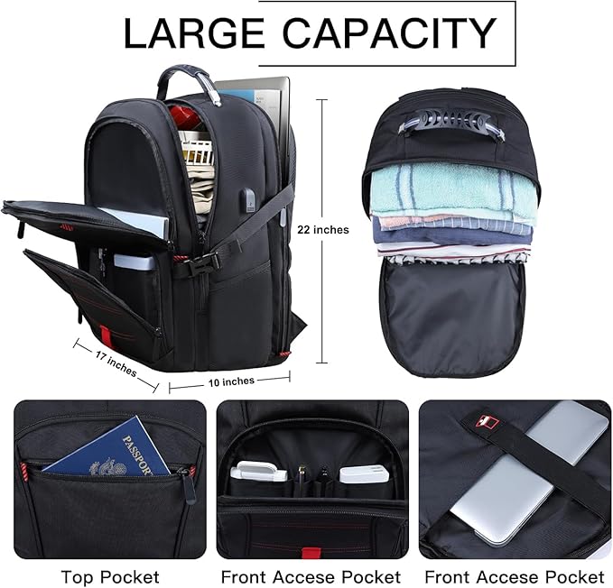 Extra Large Backpack, 18.4 Inch Travel Laptop Backpacks for Men Women with USB Port, 55L Anti Theft Water Resistant College Bussiness TSA Airline Approved Work Computer Backpack, Black