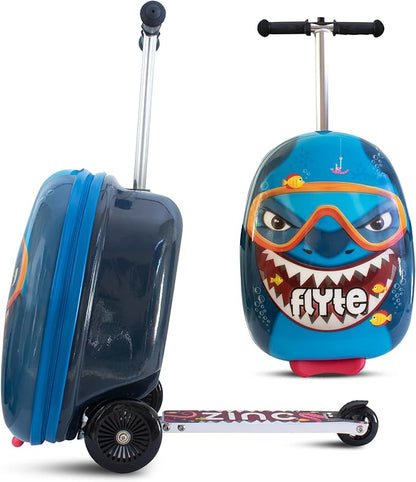 FLYTE Scooter Suitcase Folding Kids Luggage – Stormy the Shark, 18 Inch Hardshell, Ride On with Wheels, 2-in-1, 25 Litre Capacity