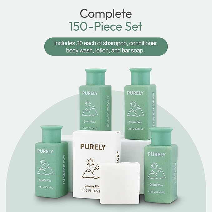 150‑Piece Bulk Travel Toiletries Set | Hotel & Airbnb Essentials | 1.3 oz Bottles (30 Shampoo, 30 Conditioner, 30 Body Wash, 30 Lotion, 30 Bar Soap) | Guest Bathroom Supplies + Homeless Outreach