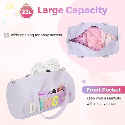 Dance Bag for Girls, KUIRAN 23L Travel Duffel Bag with Colorful Chenille Letter, Lightweight Small Gym Sport Ballet Weekender Bag with Large Main Compartment - Purple/Flower