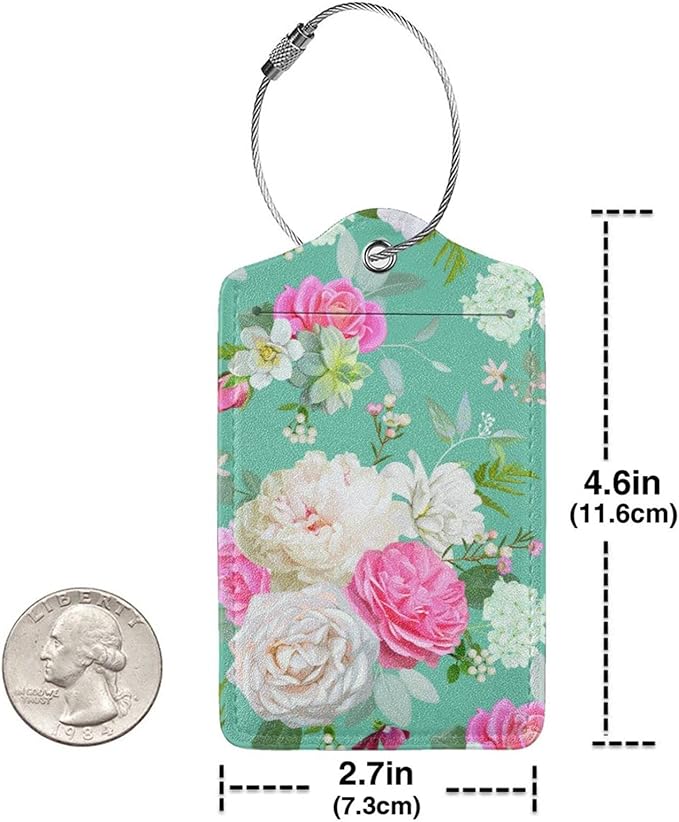 Set of 2 Beautiful Floral-Themed Luggage Tags with Pink and White Roses Flower Pattern, Cute Succulent Green Suitcase Travel Tags for Women Girls, Name ID Identifier Labels with Full Privacy Cover