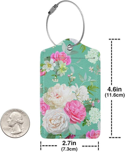 Set of 2 Beautiful Floral-Themed Luggage Tags with Pink and White Roses Flower Pattern, Cute Succulent Green Suitcase Travel Tags for Women Girls, Name ID Identifier Labels with Full Privacy Cover