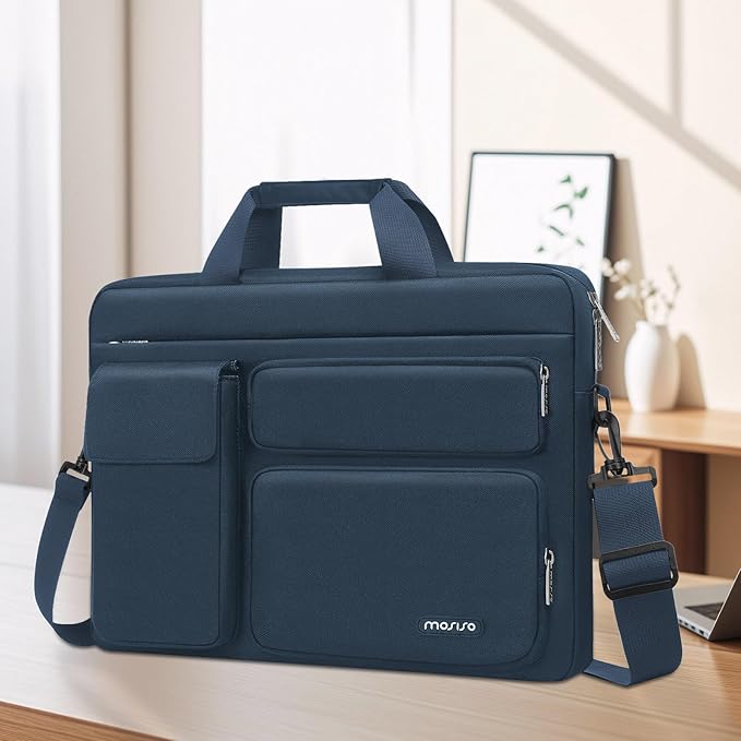 MOSISO Laptop Shoulder Bag 15.6 inch, 15-15.6 inch Computer Bag Compatible with MacBook Pro 16 inch, HP, Dell, Lenovo, Notebook with 2 Raised&1 Flapover&1 Horizontal Pocket&Handle&Belt, Haze Blue