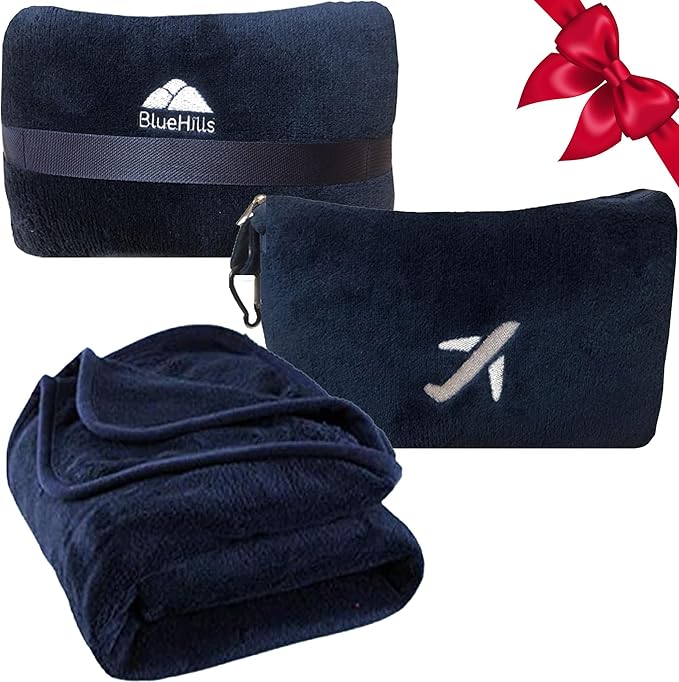 BlueHills Premium Soft Travel Blanket Pillow in Mini Soft Case Plush Airplane Blanket Compact Pack with Luggage Belt and Backpack Clip Long Flights Essentials Navy Blue M04