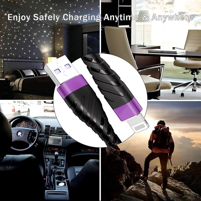 OIITH MFi Certified for iPhone Charger Cable 3 Pack 10 Ft, Extra Long for Lightning Charging Cord, Fast 2.4A for iPhone USB Cord Compatible with iPhone12/11/XS/Max/XR/X/8/8P/7P/6/iPad - Purple