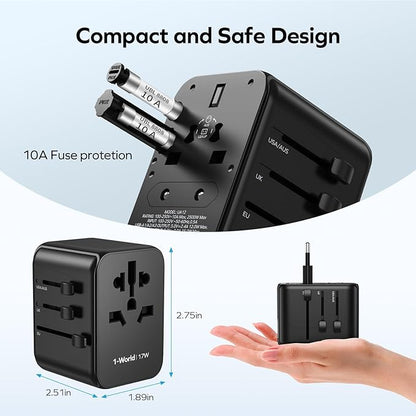 MOMAX 5-in-1 European Travel Plug Adapter, Worldwide All in One Travel Adapter, International Power Adapter Wall Charger with 3 USB A and 1USB C Charging Ports for Travel Essentials (Type C/G/A/I)