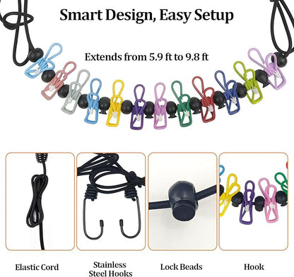 Travel Clothesline Retractable Portable Clothesline with 12 Clips Portable Elastic Camping Clothes Line with Anti-Slip Beads & Stainless Hooks for Hotel, RV, Boat, Outdoor Use (2 Pack)