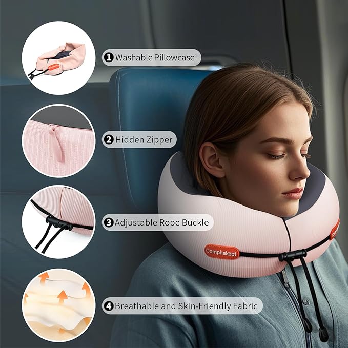 Thickened Travel Neck Pillow for Airplanes for Women, Adjustable Right Amount of Height 360° Support Memory Foam Neck Pillow, Portable Plane Pillow for Sleeping