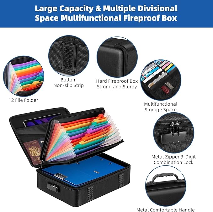 File Organizer, Hard Case Fireproof Document Box with Lock, Hard-Shell Important Document Organizer Safe Box Fireproof Waterproof, Home Office Supplies Storage and Organization (Blue)