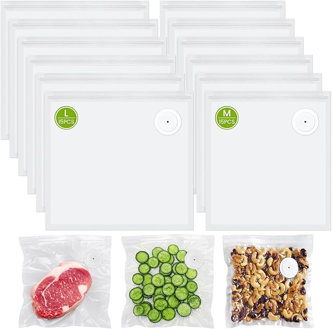 FEPPO Vacuum Sealer Bags for Food,15 PCS 8.3"×8.7" & 15 PCS 10.2"×11" Reusable Vacuum Seal Bags with Air Valve for Food Storage, Ideal for Freshness Preservation