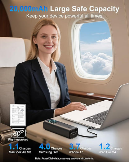 AsperX Laptop Power Bank, 165W 20,000mAh, Retractable Cables, Aluminum Alloy Unibody Portable Charger Power Bank, Battery Bank for MacBook Pro/Air/iPhone 17/iPad Pro/S25 Ultra/Dell/HP(TSA-Approved)