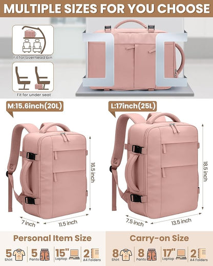Travel Backpack for Women Man, Waterproof Laptop Backpack Travel Bag Airline Approved Carry on Weekender Overnight Bag Bookbag for Business,Travel, Work Fits 17.3 inch Laptop(Large,Pink)