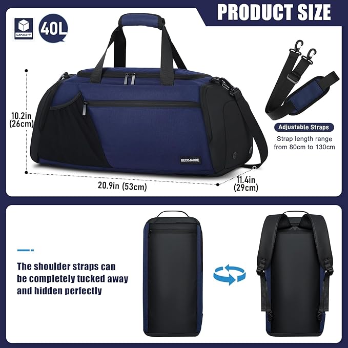 Gym Bags for Men Women 40L Large Gym Backpack Multiple Pockets Sport Duffle Bags with Shoe & Wet Compartment for Workout Travel Weekend Overnight Navy Blue
