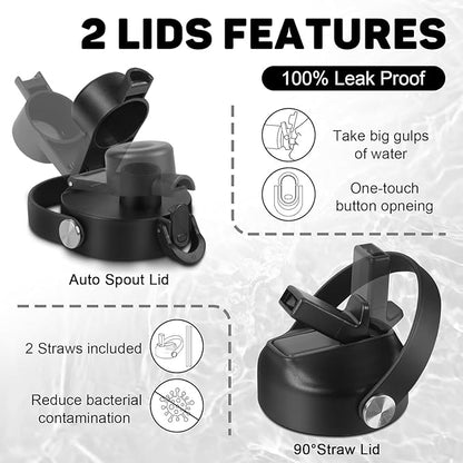 40oz Black Water Bottle Stainless Steel, Keep Cold 24H&Hot 12H, Water Bottle with Straw&Spout Lids, Insulated Water Bottle Double Wall Vacuum, Fit in Any Car Cup Holder, Leak-proof BPA Free,Black