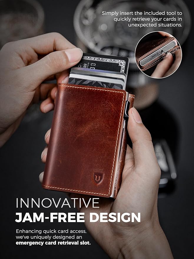 LORZOR Wallet for Men with Metal Card Holder, Pop Up Wallet, Finest Full Grain Leather Trifold Wallet, Smart, Minimalist, RFID Blocking, Front Pocket, ID Window, VintageBrown/Silver